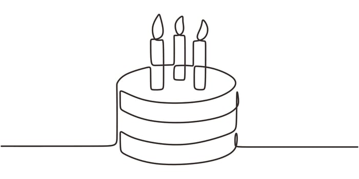 Continuous One Line Drawing Birthday Candle Cake. Minimalist Celebration Party Dessert Icon. vector