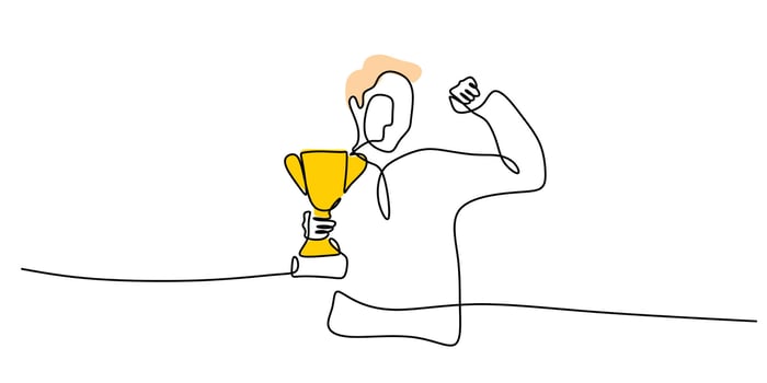 Continuous One Line Drawing Figure Holding Trophy Cup. Winner Success Award Competition Art. vector
