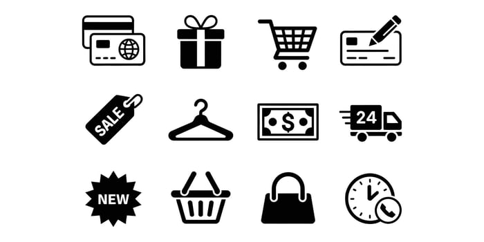 E-commerce Shopping Icons Black Glyph Style, Sale, Delivery, Payment, and New Product Symbols. vector