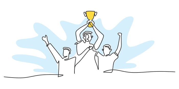 Continuous One Line Drawing Person Holding Trophy Up High. Winner Success Award Victory Art. vector