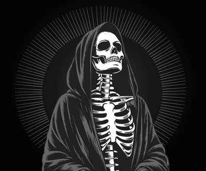 Gothic style illustration of a skeletal female figure draped in a dark hooded robe. vector