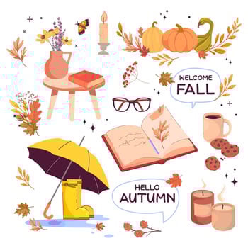 Cozy autumn items and fall decorations vector