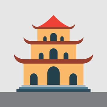 Flat Illustration of a Traditional Asian Pagoda with Red Roof and Curved Eaves Against a Light Gray Background vector