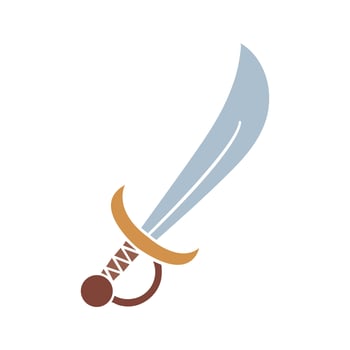 Stylized icon depicts a simple light blue cutlass with a brown hilt on white vector
