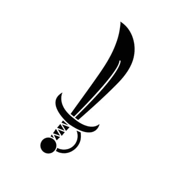 Isolated black pirate cutlass features a curved blade and detailed handle on white background vector