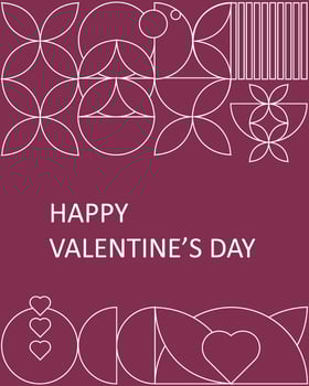 Modern Valentines Day card with minimalist geometric shapes, hearts, and floral elements in line art style. Elegant burgundy background with a clean white pattern. vector