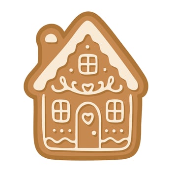 Sweet gingerbread cookie shaped like a cozy holiday house with icing decoration details. vector