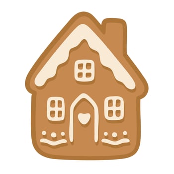 Cute gingerbread cookie shaped like a house with white icing decoration, festive holiday illustration. vector