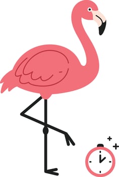 A pink flamingo standing next to a clock vector