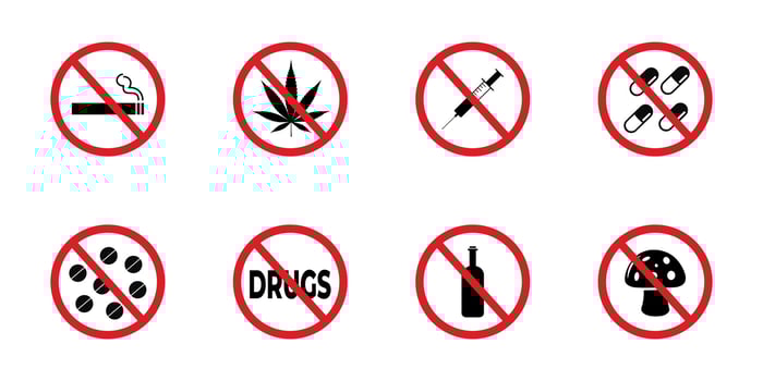 Say no to drugs. Set of drugs prohibiting No Smoke Cigarette, Drink Alcohol, Take Drug and Pill Black Silhouette Icon. Addiction Forbidden Pictogram. Warning Not Narcotic, Doping Zone Red Stop Symbol. vector