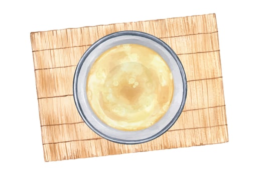 Bowl of soup on bamboo mat vector