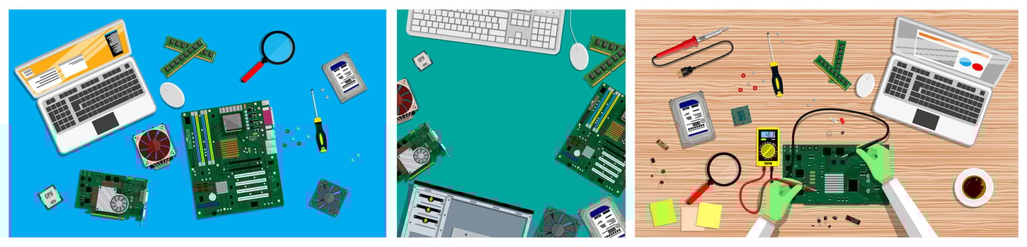 Electronic repair tools on workbench vector