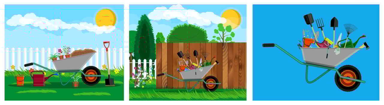 Colorful wheelbarrows filled with tools vector
