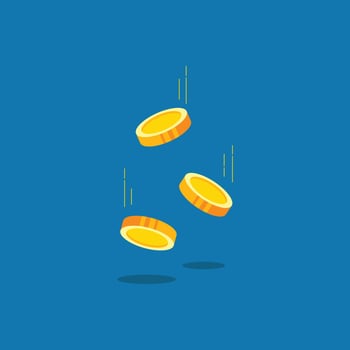 Golden falling coins illustration on blue background. Ideal for finance, savings, jackpot, cryptocurrency, business, banking, investment, wealth, online payment, and money-related graphic design vector