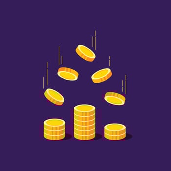 Golden coin illustration with falling money and stacked coins on dark background. Perfect for finance, banking, savings, investment, cryptocurrency, e-commerce, and business design projects vector