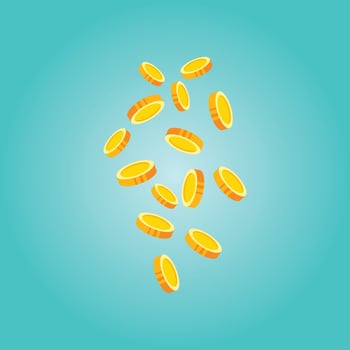Golden flying coins illustration on blue background. Perfect for finance, savings, investment, cryptocurrency, jackpot, wealth, online payment, business, and money-related graphic design projects vector