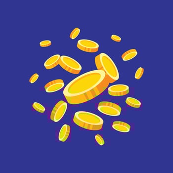 Flying gold coins illustration on dark blue background. Perfect for finance, investment, cryptocurrency, jackpot, online payment, business, wealth, savings, and money-related graphic design projects vector