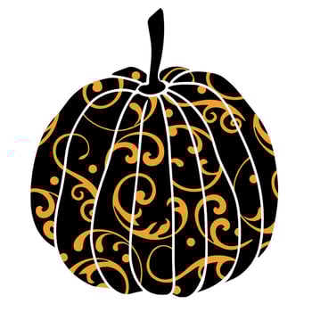 Decorative black pumpkin with orange abstract ornament. Flat seasonal illustration for autumn harvest, Halloween, Thanksgiving, and festive projects. vector