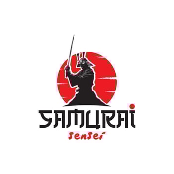 Samurai warrior logo - katana sword in front of red rising sun, Japanese bushido design vector
