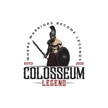 Ancient warrior in helmet logo - sword and shield, strong Spartan or Roman soldier design vector