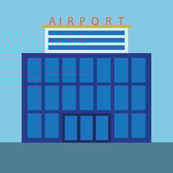 Geometric Airport Illustration Minimalist Building Design Blue and White Modern Architecture Transportation Hub Simple Shapes Clean Lines Travel Theme vector