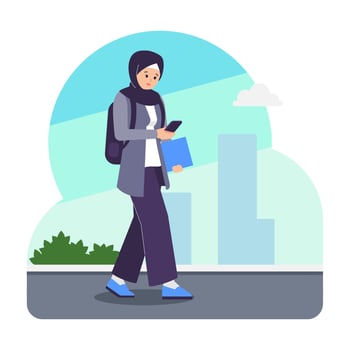 Beautiful female student wearing hijab walking carrying a bag and using a smartphone, woman in uniform walking in the city. educational vector