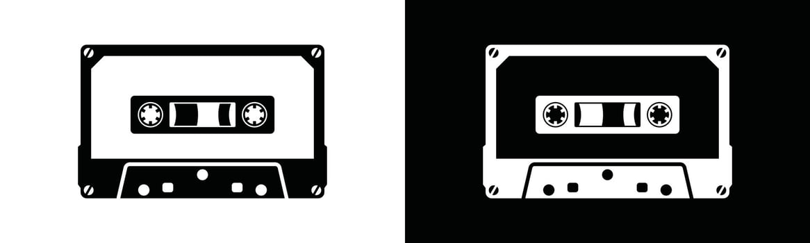 Retro music cassettes icons. Audio sound tape. Musical vintage record. Old media player in black and white background, symbol illustration vector