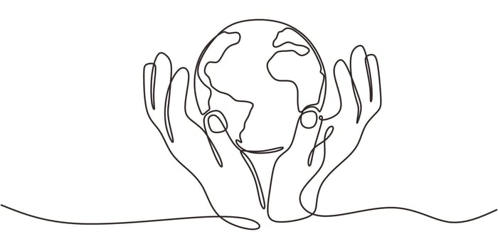 Earth in two hands one line. Global responsibility . Ecology art. Planet care. vector