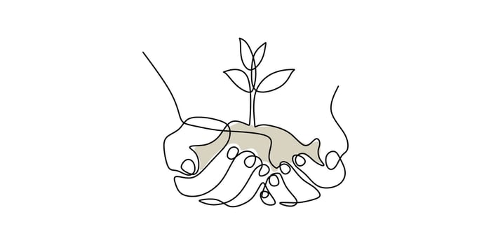 Plant on two palms one line. Environmental care . Sustainability art. Nature protect. vector