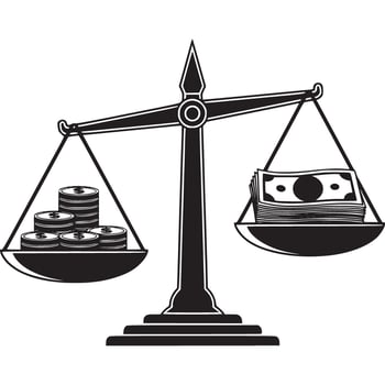 Money and coins on scales, with a balance scale vector