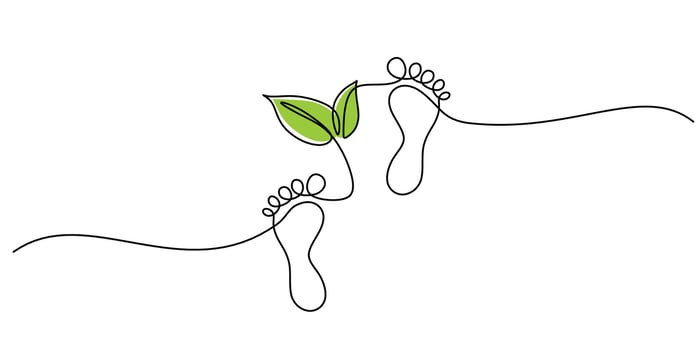 Green leaf two feet one line. Environmental connection . Walking earth. Eco path. vector