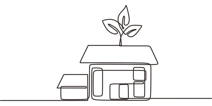 Plant on house roof continuous line. Green building . Sustainable home. Eco. vector
