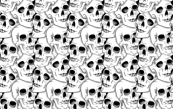 Seamless skull pattern in black and white with bold outlines and hand drawn style. Perfect for Halloween, gothic decor, spooky design for background, wallpaper, print, fabric. vector