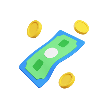 Cartoon paper currency and gold coins floating around on transparent background png