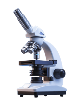 Detailed laboratory microscope with multiple objective lenses and sturdy base, used for scientific research and education, showcasing precision png
