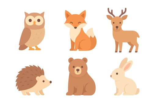 Cartoon animals: owl, fox, deer, bear, hedgehog, rabbit vector