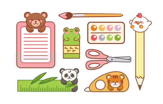 Colorful stationery items with cute animals vector