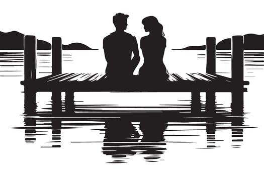 Romantic Couple Silhouetted Sitting on a Wooden Dock Over Calm Water Scenery vector