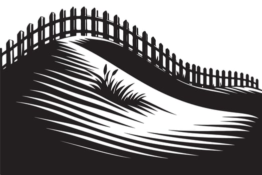 Black and white woodcut style illustration of a rolling hill landscape with a fence vector