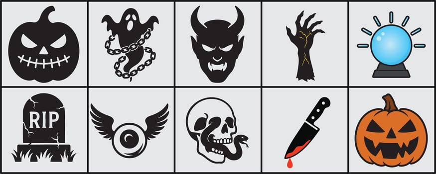 A collection of ten distinct Halloween-themed icons presented in a bold black silhouette style against a light background. vector