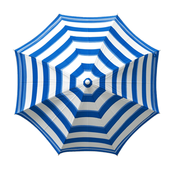Blue and white striped beach umbrella isolated on black background png