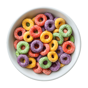 Colorful fruit cereal loops in white bowl isolated on black background png