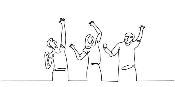 People cheering continuous one line drawing, symbolizing success, victory, and teamwork achievement. vector