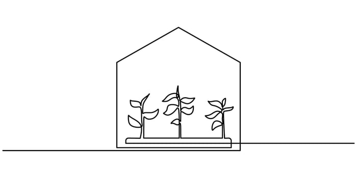 Continuous one line drawing of plants in a greenhouse, concept of growth and sustainability. vector