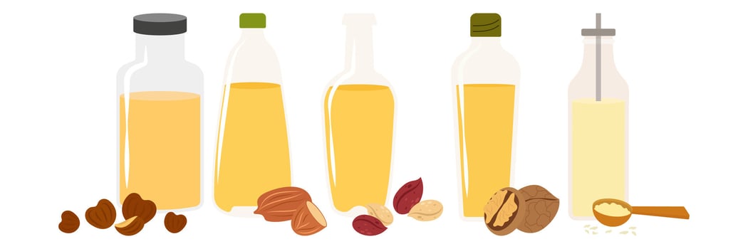 Assorted healthy edible oils in clear glass bottles and jars on a wooden surface. Natural light highlights the rich golden and green hues. vector
