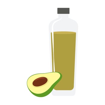 Assortment of natural oils in glass bottles surrounded by various seeds and nuts. Organic ingredients arranged on a rustic wooden surface. vector