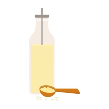 Assortment of natural oils in glass bottles surrounded by seeds and nuts on a rustic wooden surface. Warm, earthy tones highlight organic textures. vector
