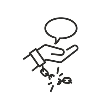 freedom of speech icon, liberty for expressions of opinion, speak without censorship, speech bubble in hand, thin line symbol - editable stroke illustration vector