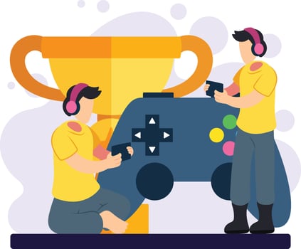 E-Sports Gaming Tournament Illustration. Boys playing esports tournament with trophy illustration vector