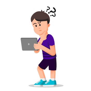 a boy feeling confused while holding his own tablet vector